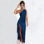 Women’s One-Shoulder Backless Satin Slit Maxi Dress - Image 2