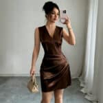 Chocolate Brown Satin Wrap Mini Dress