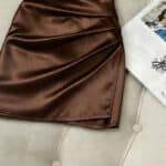 Chocolate Brown Satin Wrap Mini Dress - Image 4