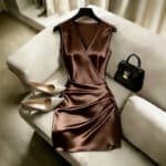 Chocolate Brown Satin Wrap Mini Dress - Image 2