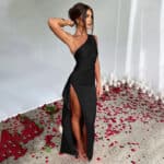 Women’s One-Shoulder Backless Satin Slit Maxi Dress - Image 3