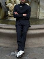 Men’s Black Mandarin Collar Zhongshan-Style Suit Set - Image 7