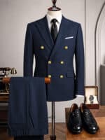 Men’s Navy Blue Slim-Fit Flat-Lapel Suit Set - Image 6