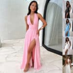 Women’s Halterneck Backless V-Neck Slit Maxi Dress