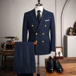 Men’s Navy Blue Slim-Fit Flat-Lapel Suit Set - Image 2