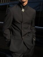 Men’s Black Mandarin Collar Zhongshan-Style Suit Set - Image 5