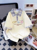 Women’s Three-Cat Letter Print Plaid-Inspired Casual Top - Image 3