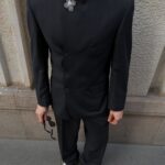 Men’s Black Mandarin Collar Zhongshan-Style Suit Set