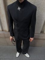 Men’s Black Mandarin Collar Zhongshan-Style Suit Set