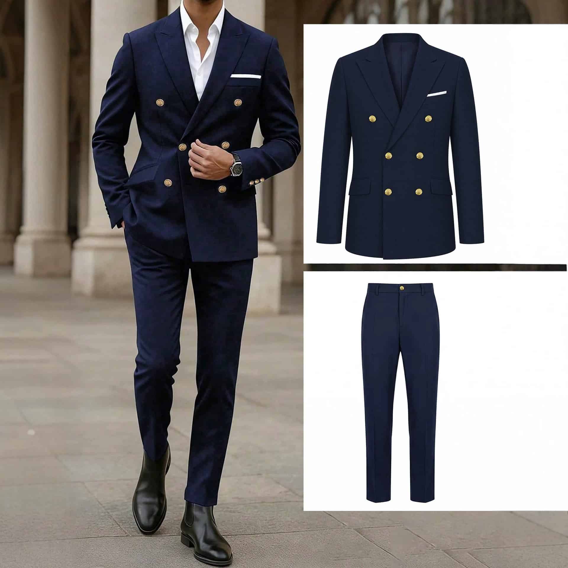 e8ca4b05-9331-4fa0-930e-2494b070eb15.jpg Men’s Navy Blue Slim-Fit Flat-Lapel Suit Set - Image 1